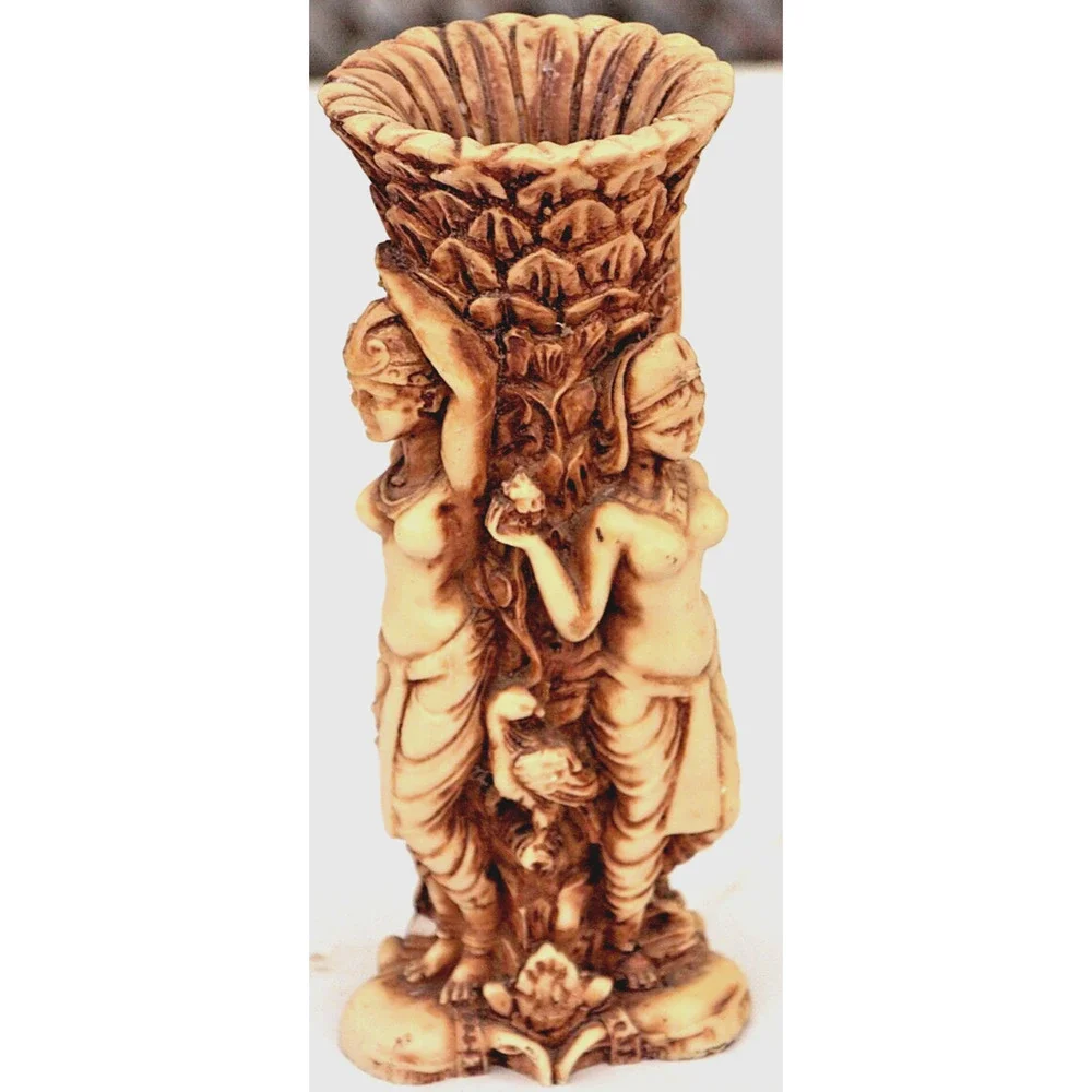 Carved Ethnic Art Vase Decorated in Plants Animals & Dancing Topless Ladies